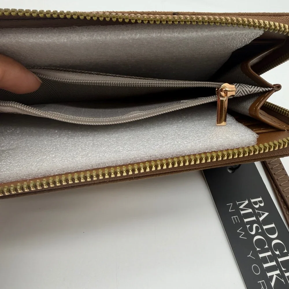 Badgley Mischka Brown Faux Suede Zip Around Wristlet Continental Wallet NEW